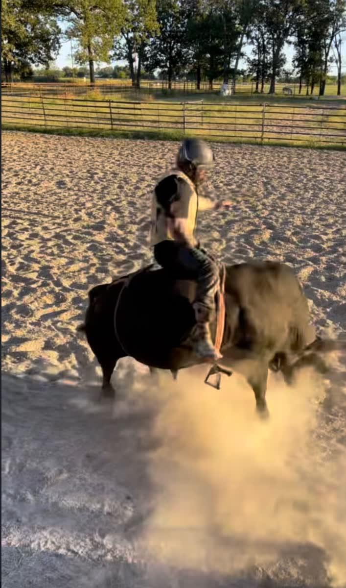Bull riding kicking up dust in the arena